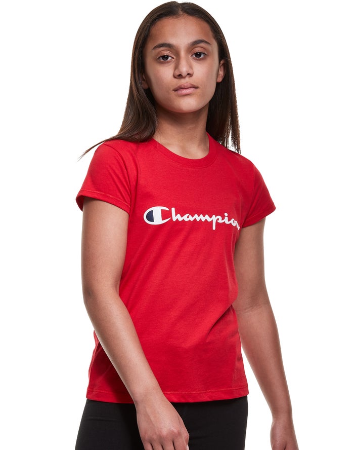 Champion Classic Script Logo - Tytön Punainen T-Paita - Suomi 4183697-GA